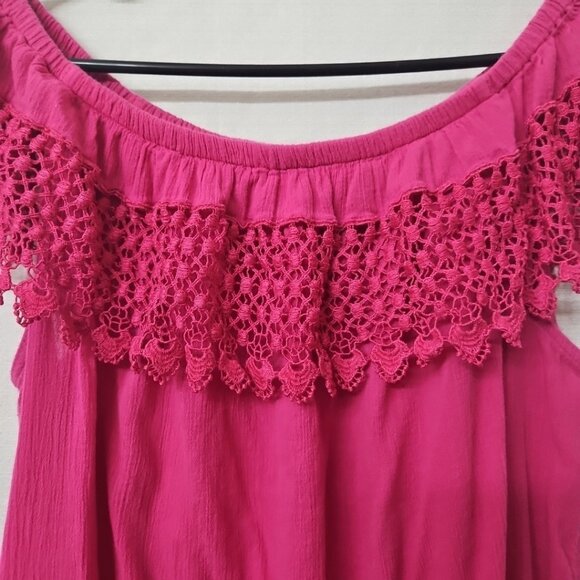 Lane Bryant Sz 14 Pink Off The Shoulder Gauze Lace Blouse Barbie Peasant Boho - Picture 2 of 7